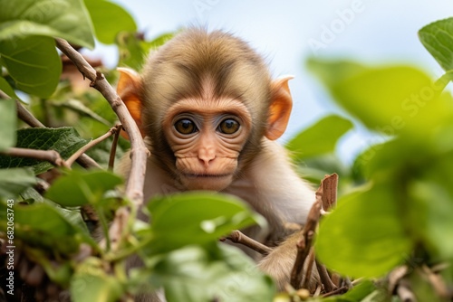 Animal close up portrait of a cute baby macaque monkey climbing on a tree branch  shot outdoors on a sunny day. Generative AI.