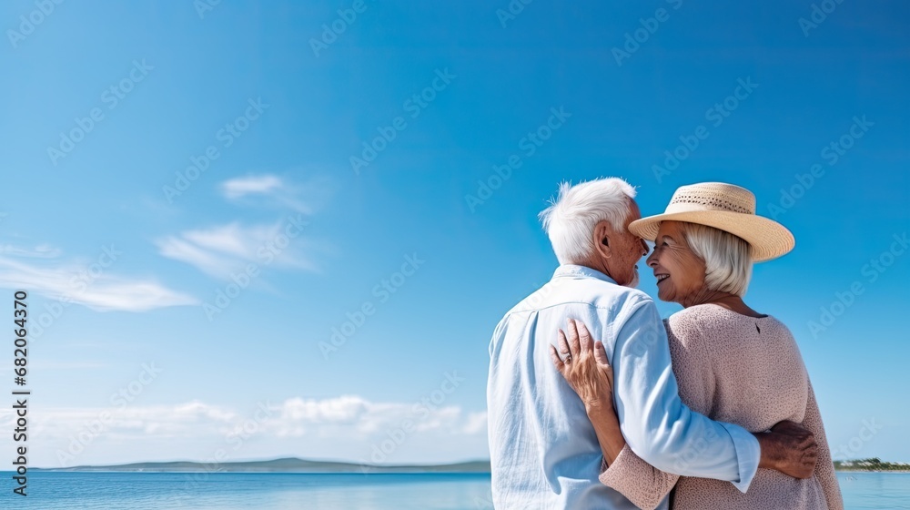 Unrecognizable senior couple hugging on seashore with blue sky