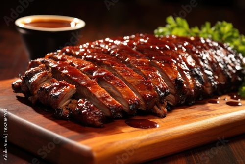 close-up of bone-in ribs smothered in dark bbq sauce photo