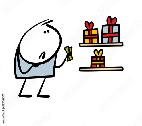 Cartoon frustrated stickman in the store chooses a cheap gift for the holiday. Vector illustration of sad poor man, expensive boxes and not enough money.