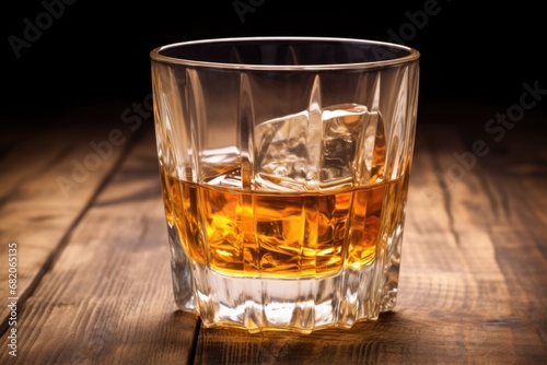 whisky served in crystal glass on wooden surface