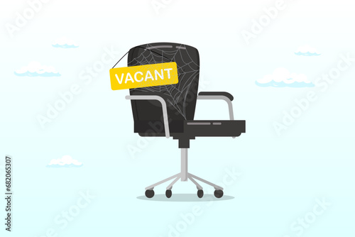 Office chair with sign vacant covered by spider web metaphor of labor shortage, labor shortage, worker needed not enough skill staff to fill in job vacancy, help wanted or employment demand (Vector)