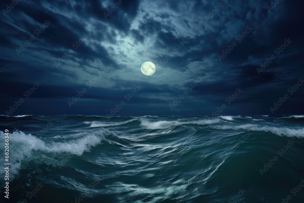 moon suspended in sky above stormy ocean moon suspended in sky above stormy ocean