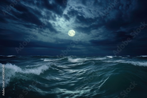 moon suspended in sky above stormy ocean