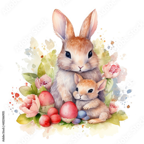 Cute mom and baby rabbit  fruits with flower Illustration  Generative Ai