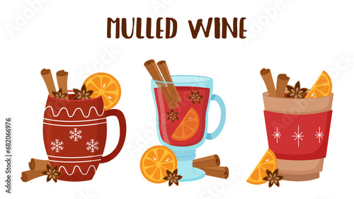 Set of mulled wine mugs with orange slices, anise and cinnamon sticks	
