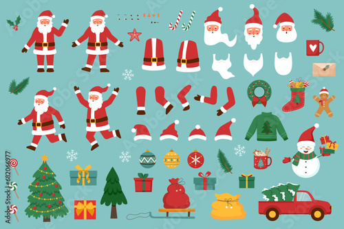 Santa Claus character and Christmas elements set. Christmas concept.	
 photo