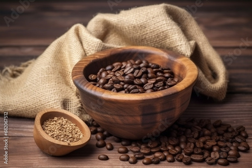 Fresh coffee beans in a wooden bowl on a bag made of burla