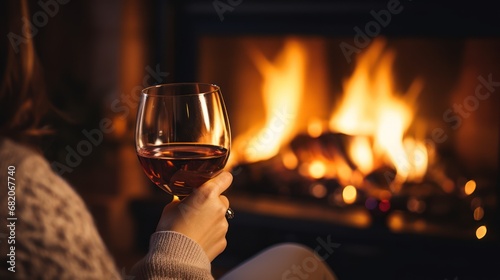Woman drinking wine at the fireplace, Christmas tree decoration and bokeh lights
