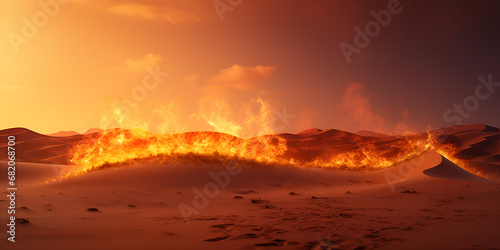 blue hour, sand dunes beneath fire,Exploring Blue Hour Over Fiery Sandscapes background generative ai