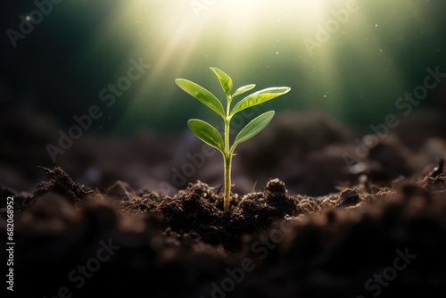 young plant in the ground, sun rays