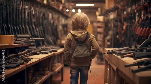 Young boy inside a gun shop, surrounded by firearms. Gun culture concept. AI generated