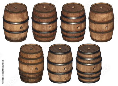 wooden barrel collection isolated 3d render