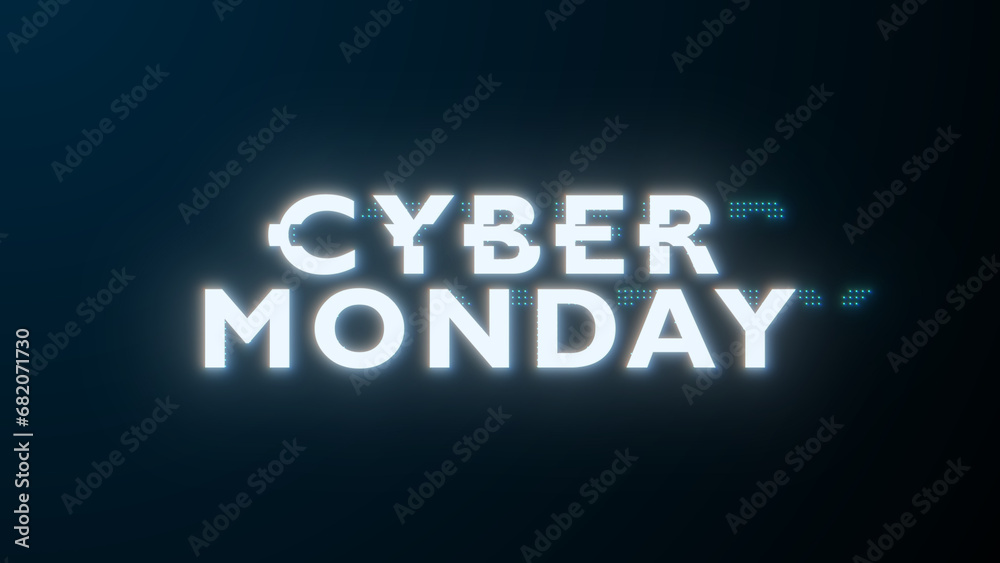Cyber Monday glow glitch banner. Cyber Monday glow text with glitches and distortions. Cyberpunk style web banner for advertising. Cyberpunk promo design.