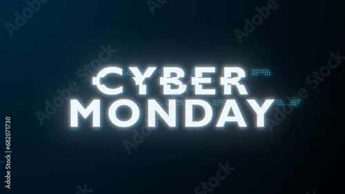 Cyber Monday glow glitch banner. Cyber Monday glow text with glitches and distortions. Cyberpunk style web banner for advertising. Cyberpunk promo design.
