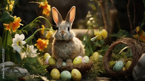 Easter bunnies amidst a colorful array of eggs