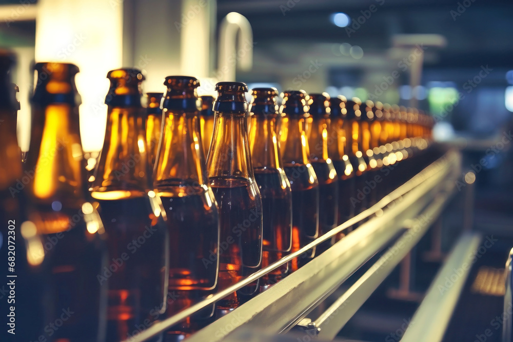 Beer production plant. Brewery conveyor with glass bottles of beer and alcohol. Close-up. Blurred background. Modern production for bottling drinks. Selective focus. Beer production plant. Brewery conveyor with glass bottles of beer and alcohol. Close-up. Blurred background. Modern production for bottling drinks. Selective focus.