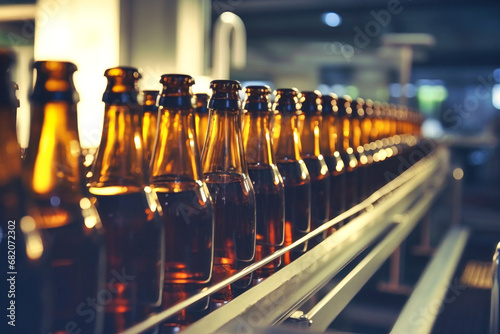 Beer production plant. Brewery conveyor with glass bottles of beer and alcohol. Close-up. Blurred background. Modern production for bottling drinks. Selective focus.
