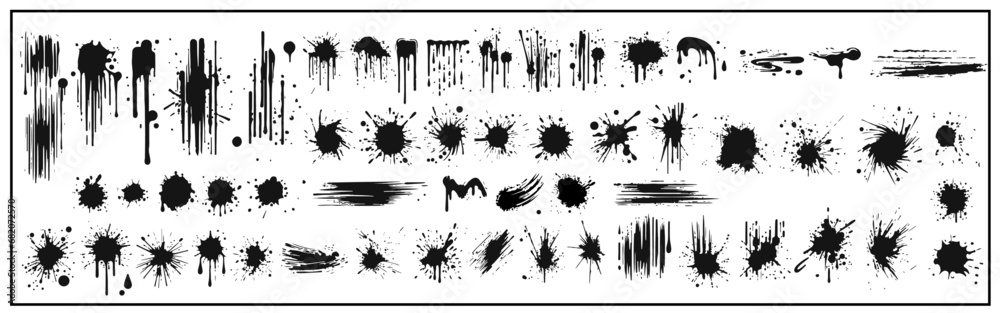 A collection of spots and stains. Black ink stains and dirt spots scattered with isolated drops and spots. Urban street style ink blots, dots or lines. Isolated vector illustration - obrazy, fototapety, plakaty 
