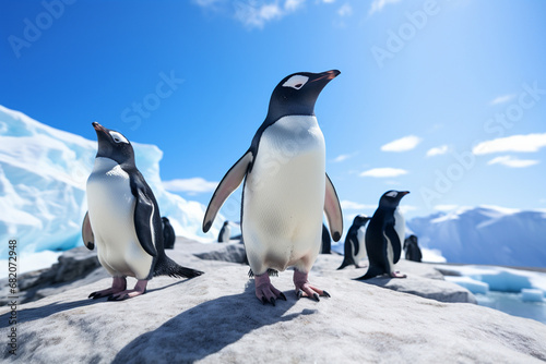 The group shot of a mature Antarctic penguin colony standing on ice rock near glaciers under clear blue sky. Generative AI. photo
