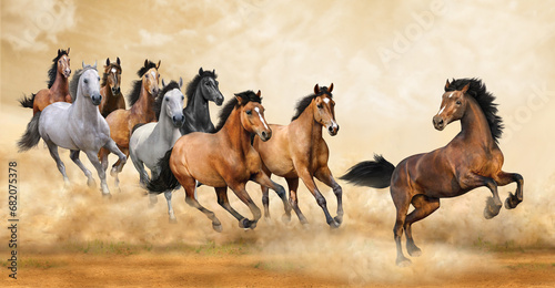 Fototapeta Naklejka Na Ścianę i Meble -  Nine auspicious horses galloped in the desert dust and blue sky.