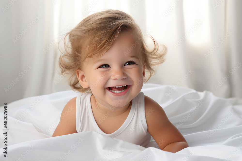 Portrait of a happy baby on the bed. Portrait of a happy baby on the bed.