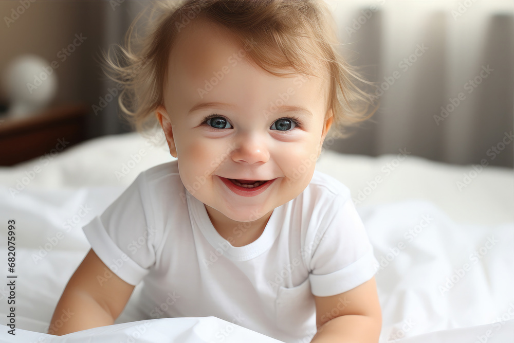 Portrait of a happy baby on the bed.