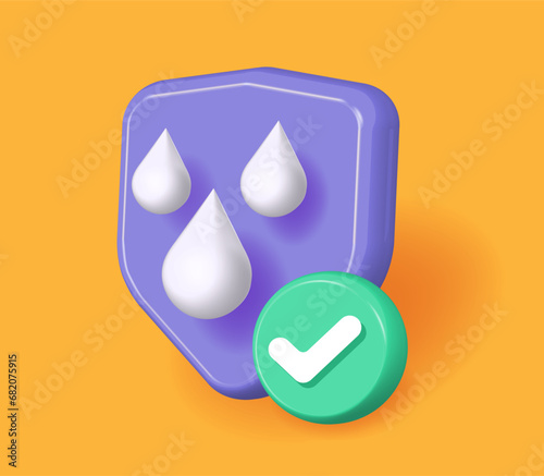 Waterproof icon 3d, water resistant proof shield render graphic, cartoon rain drops defense protection illustration, anti liquid guard safeguard security label image clipart, hydrophobic purple badge