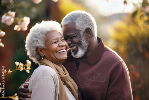 An elderly dark-skinned couple, a man and a woman, hugging in an autumn park. They look at each other with a loving gaze. Seniors dating. Relationships in old age. Love and romance.