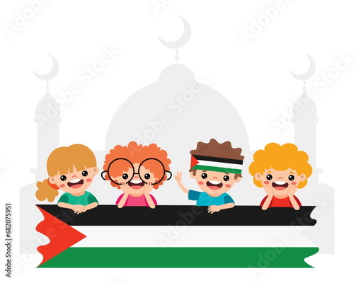 Cartoon Children With Palestine Flag