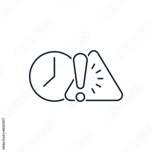 Time with an exclamation mark.  Vector linear illustration icon isolated on white background.