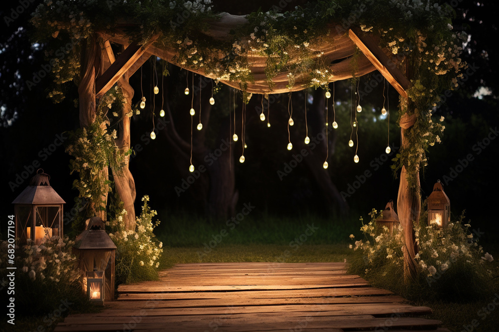 The wood wedding arch covered with ivy vine and decorated with pink and white flowers, hanging lamp, fairy light, and draping for an outdoor wedding ceremony in the evening or night. Generative AI. - obrazy, fototapety, plakaty 