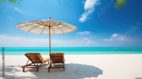 Sun loungers and a beach umbrella on a tropical beach with white sand and azure sea on a sunny day