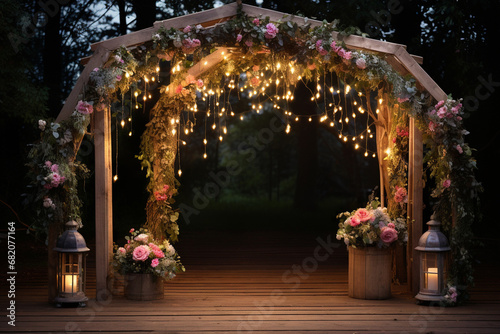 The wood wedding arch covered with ivy vine and decorated with pink and white flowers, hanging lamp, fairy light, and draping for an outdoor wedding ceremony in the evening or night. Generative AI. photo