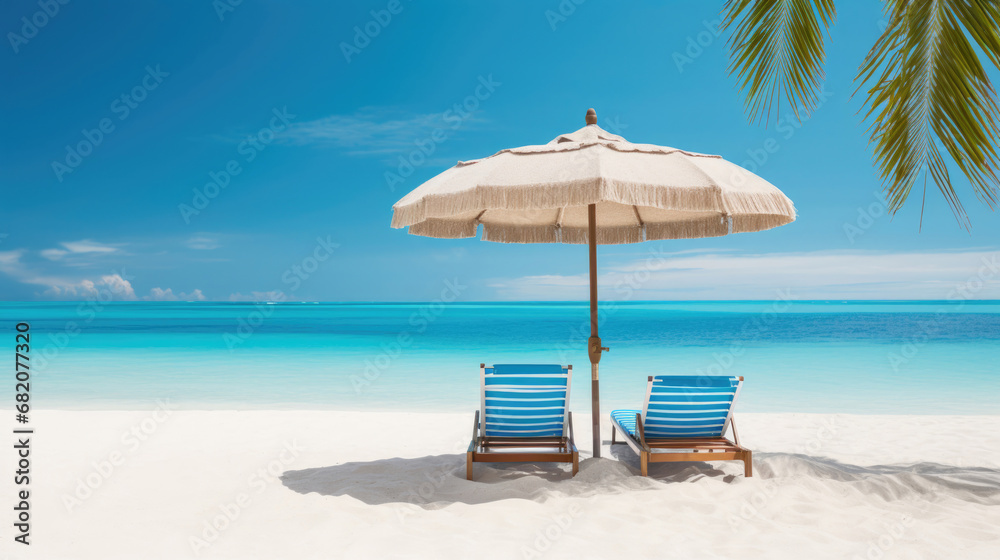 Sun loungers and a beach umbrella on a tropical beach with white sand and azure sea on a sunny day
