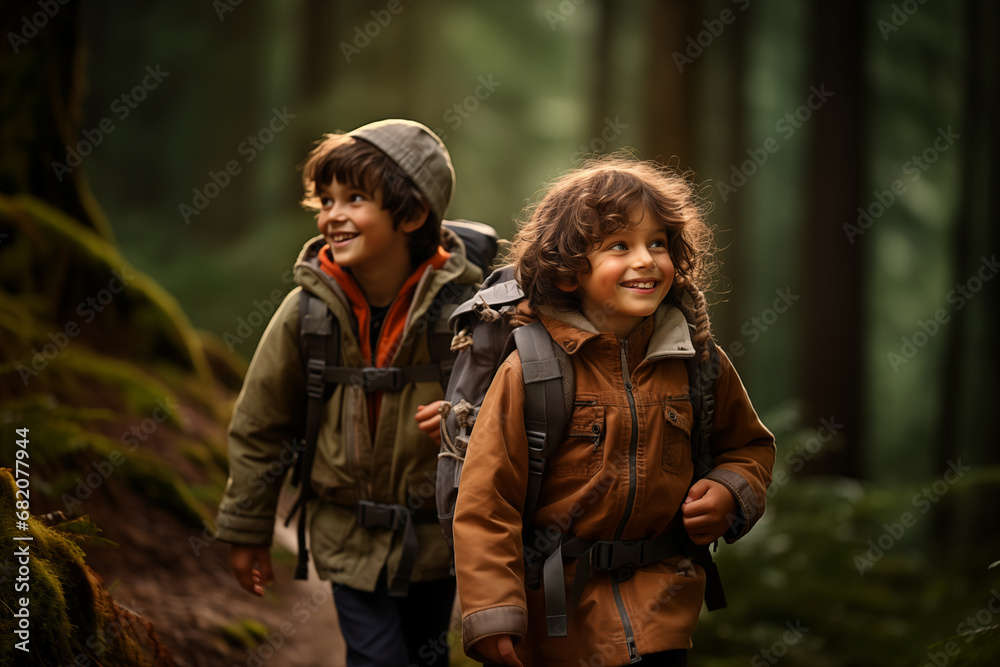 Children hiking with backpacks in mountains or forest. Kids Camping summer, trekking outdoor concept