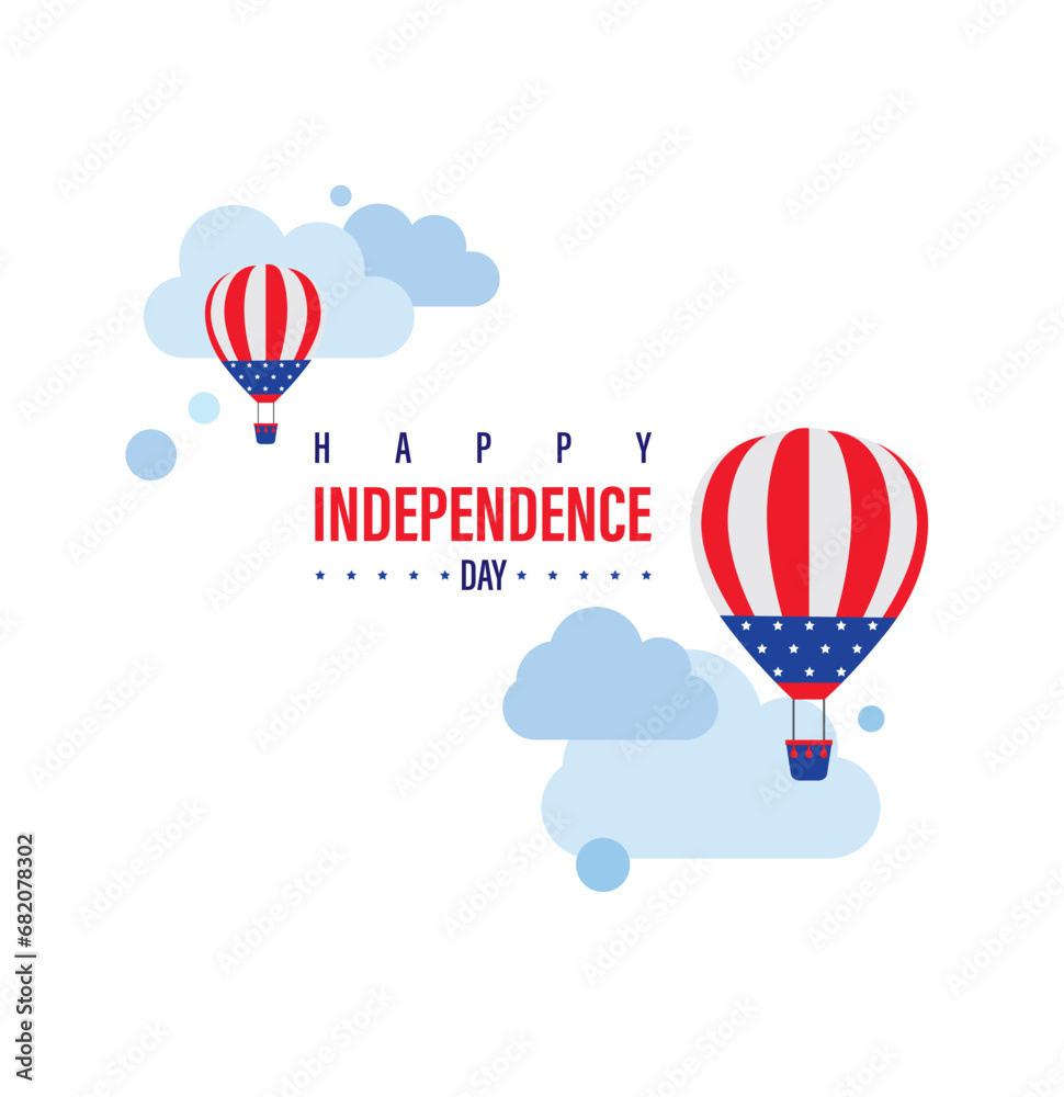 American National flag colors hot balloon fly in the sky vector illustration. Patriotic USA independence day pre made card print design