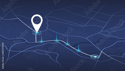 Dashboard with satellite, location and roadmap for navigation. Big data in modern city. Abstract city. Futuristic gps map navigator system, direction path, location tracks dashboard. Vector