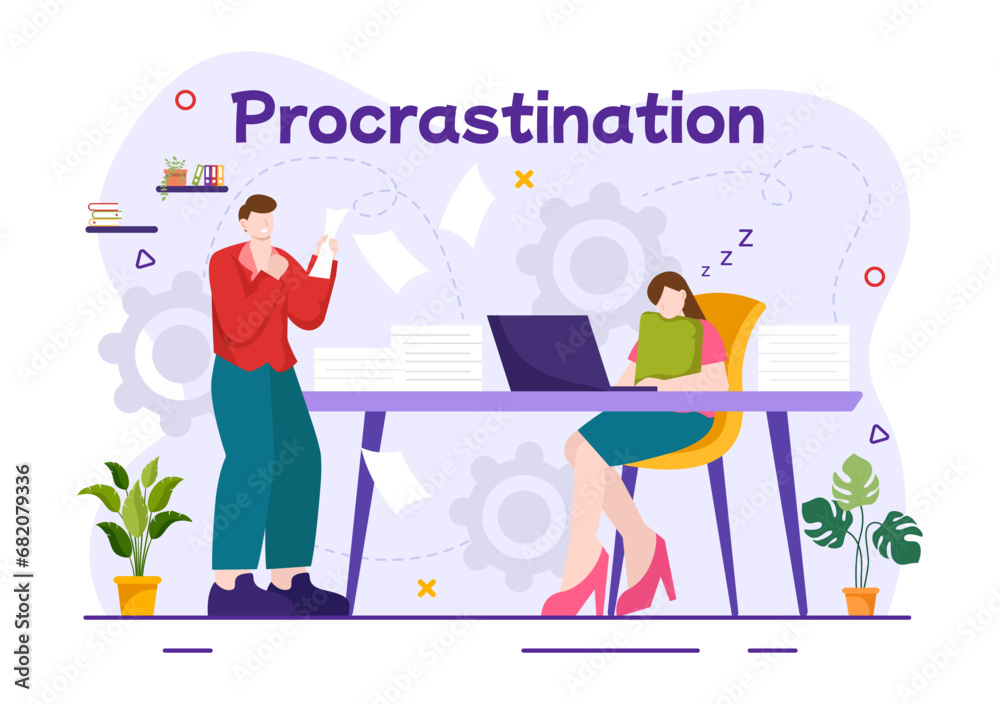 Obraz premium Procrastination Vector Illustration with Procrastinating Lazy Businessman Employees work of office worker in Flat Business Cartoon Background
