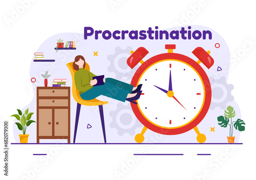 Procrastination Vector Illustration with Procrastinating Lazy Businessman Employees work of office worker in Flat Business Cartoon Background
