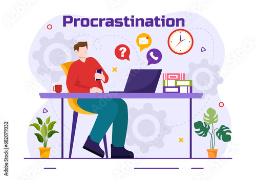 Procrastination Vector Illustration with Procrastinating Lazy Businessman Employees work of office worker in Flat Business Cartoon Background