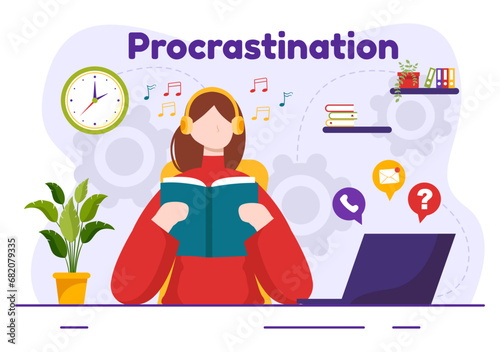 Procrastination Vector Illustration with Procrastinating Lazy Businessman Employees work of office worker in Flat Business Cartoon Background