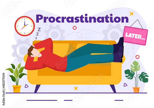 Procrastination Vector Illustration with Procrastinating Lazy Businessman Employees work of office worker in Flat Business Cartoon Background