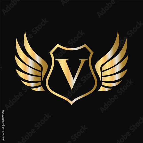 Win Logo On Letter V With Shield Symbol. Transportation Logotype