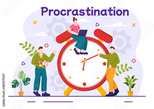 Procrastination Vector Illustration with Procrastinating Lazy Businessman Employees work of office worker in Flat Business Cartoon Background