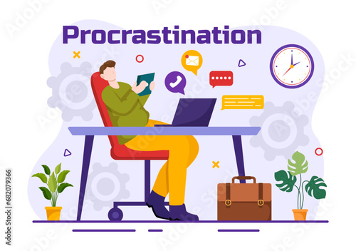 Procrastination Vector Illustration with Procrastinating Lazy Businessman Employees work of office worker in Flat Business Cartoon Background