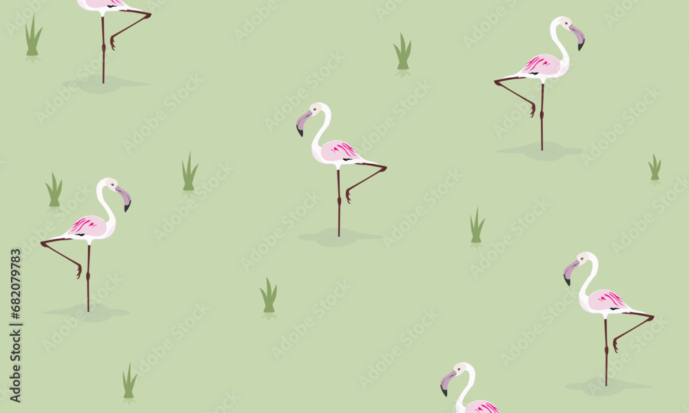 Obraz premium Tropical pink flamingo birds and plants, seamless pattern. Repeating print, endless background design in Scandinavian style. Printable flat vector illustration