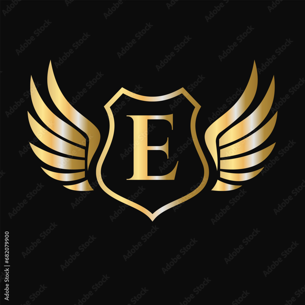 Win Logo On Letter E With Shield Symbol. Transportation Logotype Win Logo On Letter E With Shield Symbol. Transportation Logotype