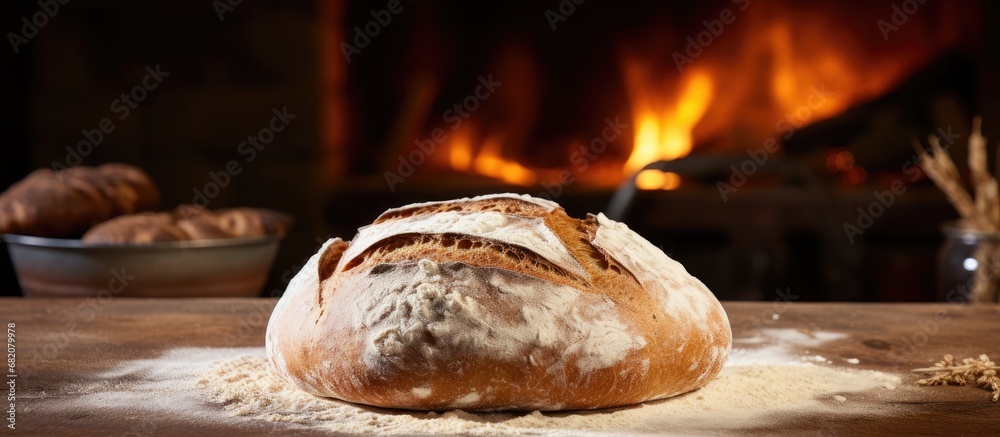 In a traditional Countryn bakery, a fresh batch of white bread is being baked to perfection, creating a home-made, brown loaf with a round shape.