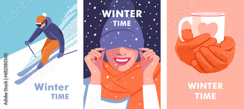 Active winter holidays. Concept of vacation, party and travel. Skier on the piste. Female hands in knitted gloves holding a cup of hot drink. Woman hidden eyes by hat and laughs. Vector illustration.